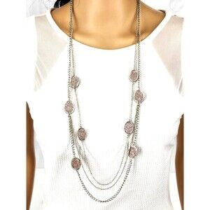 35.5 inch Layered Necklace Silver-tone Curb & Cable Chain & Pink Glitter Pendant
